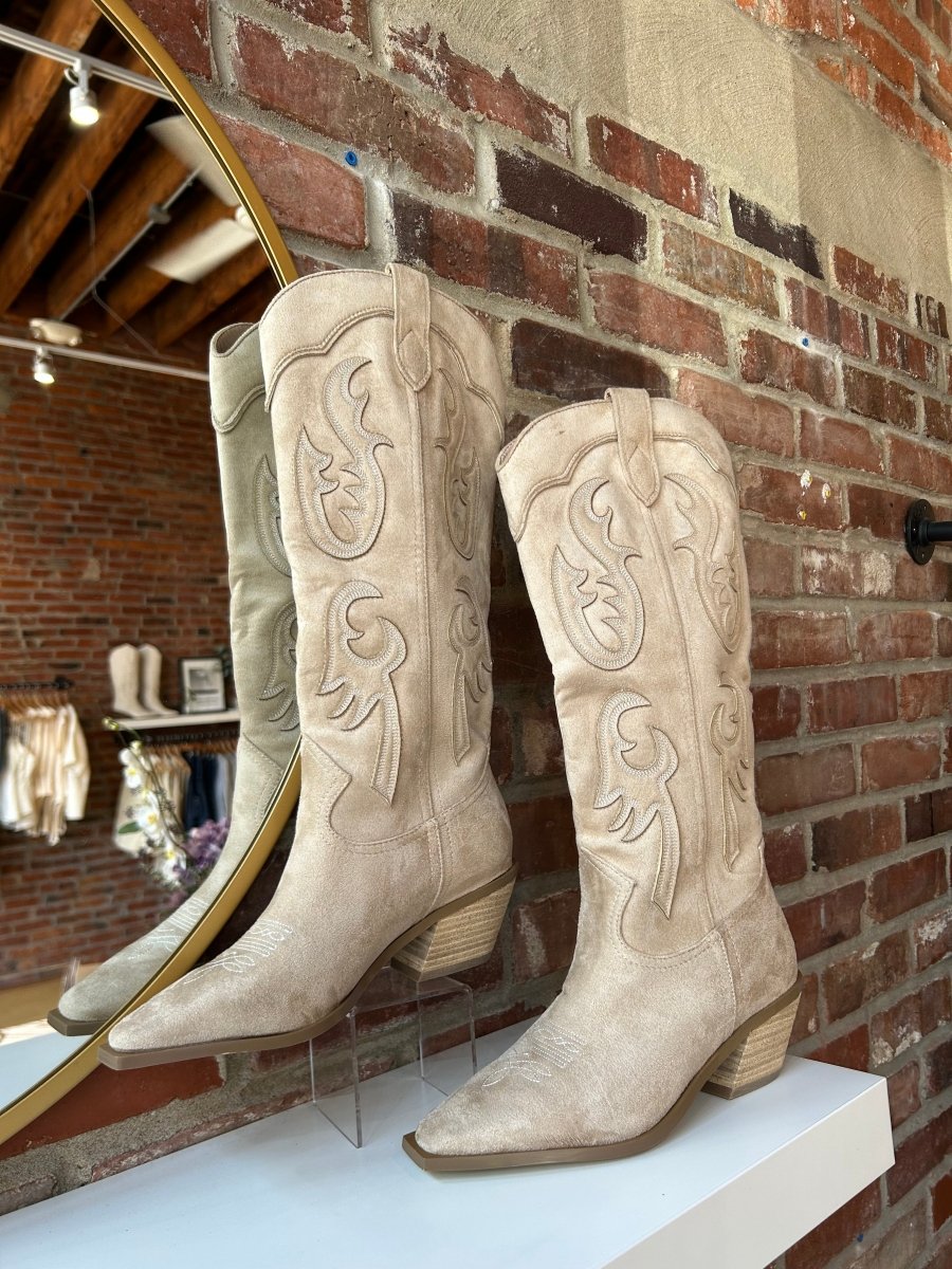 Lucy Brown Suede Embroidered Western Boot - Gwenna The Label