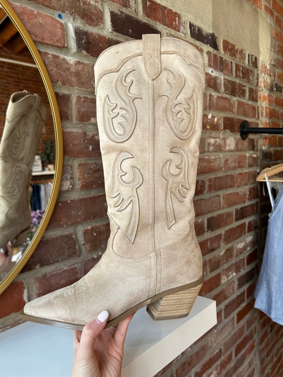 Lucy Brown Suede Embroidered Western Boot - Gwenna The Label