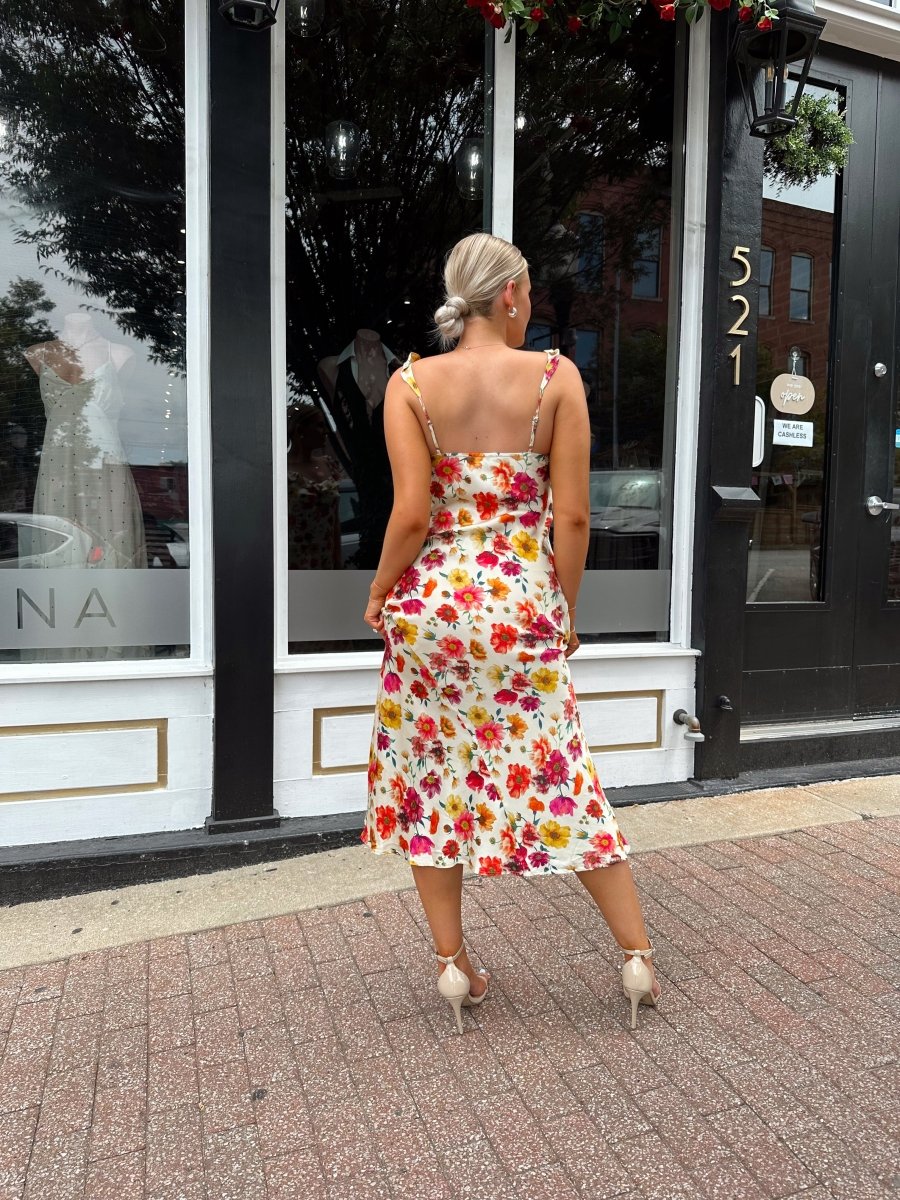 Lydia Floral Satin Scoop Neck Midi Dress - Gwenna The Label