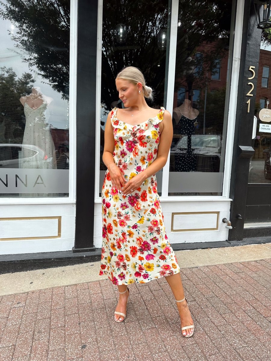 Lydia Floral Satin Scoop Neck Midi Dress - Gwenna The Label