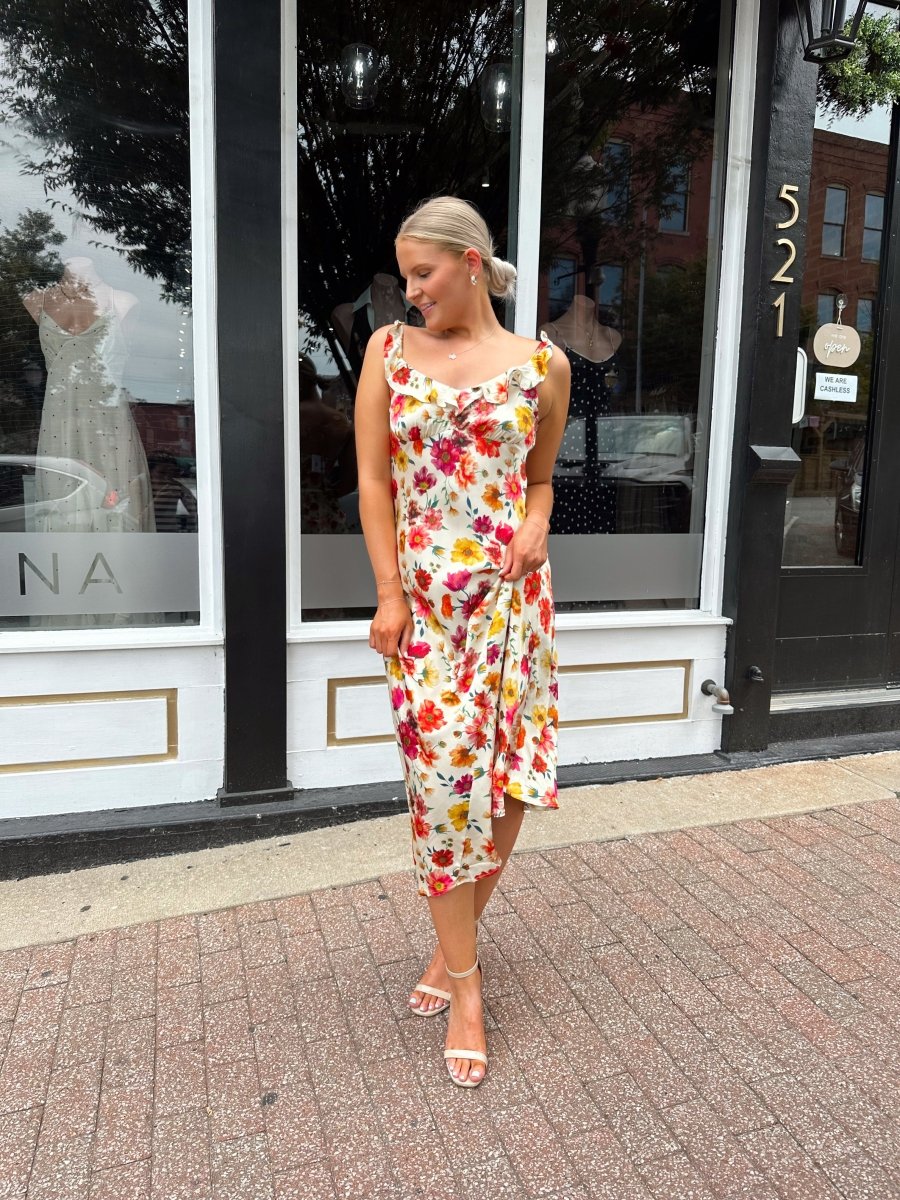 Lydia Floral Satin Scoop Neck Midi Dress - Gwenna The Label