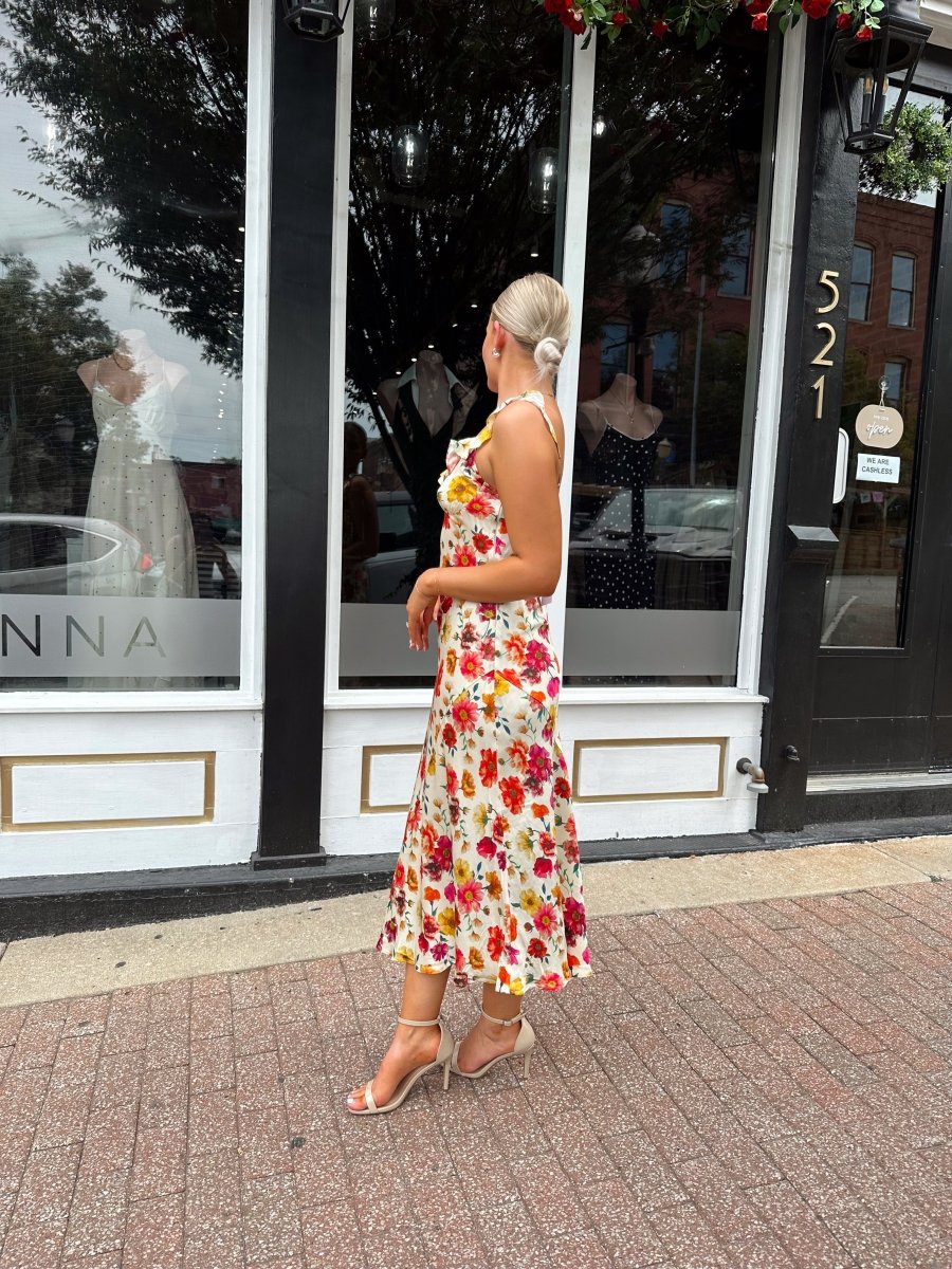 Lydia Floral Satin Scoop Neck Midi Dress - Gwenna The Label