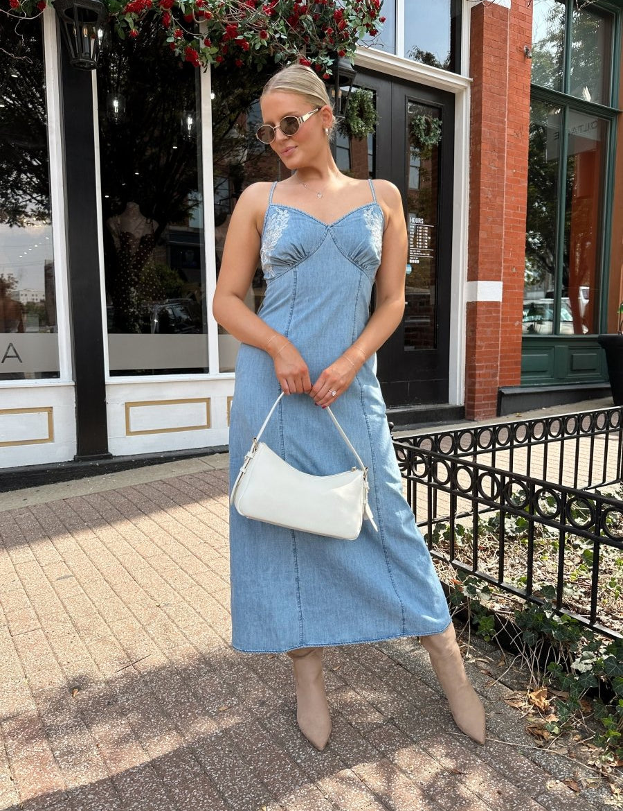 Maeve Denim Lace Embroidered Midi Dress - Gwenna The Label