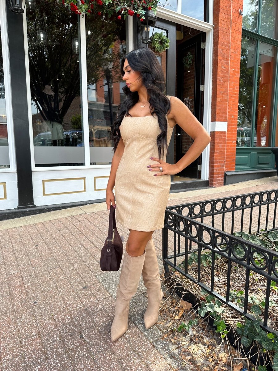 Mara Beige Vegan Leather Mini Dress - Gwenna The Label