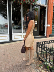 Mara Beige Vegan Leather Mini Dress - Gwenna The Label