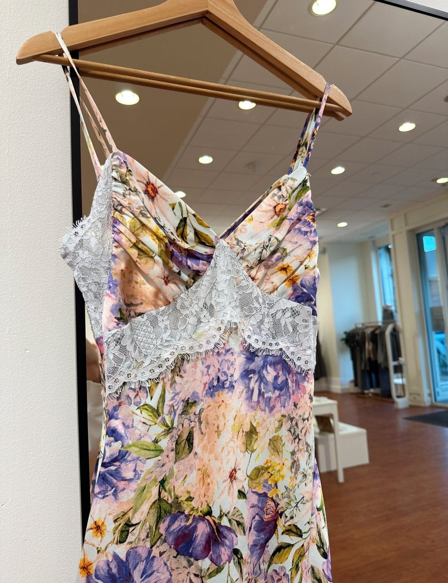 Maria Purple Floral Lace Trim Midi Dress - Gwenna The Label