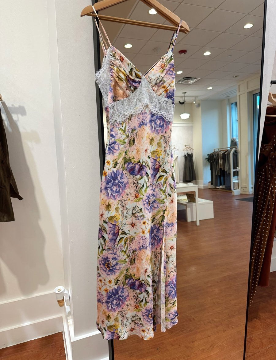 Maria Purple Floral Lace Trim Midi Dress - Gwenna The Label