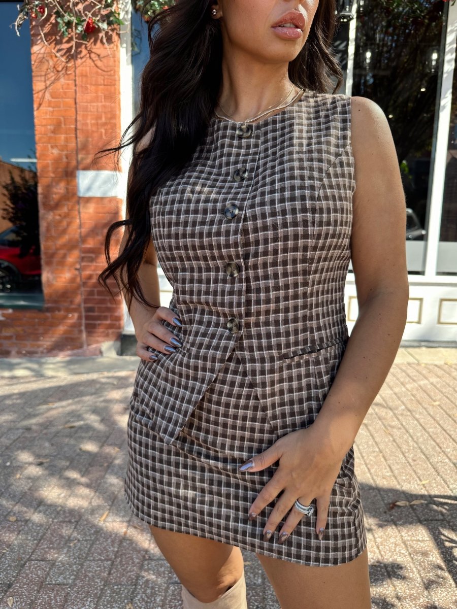 Marion Brown Plaid Two - Piece Vest and Skirt Set - Gwenna The Label