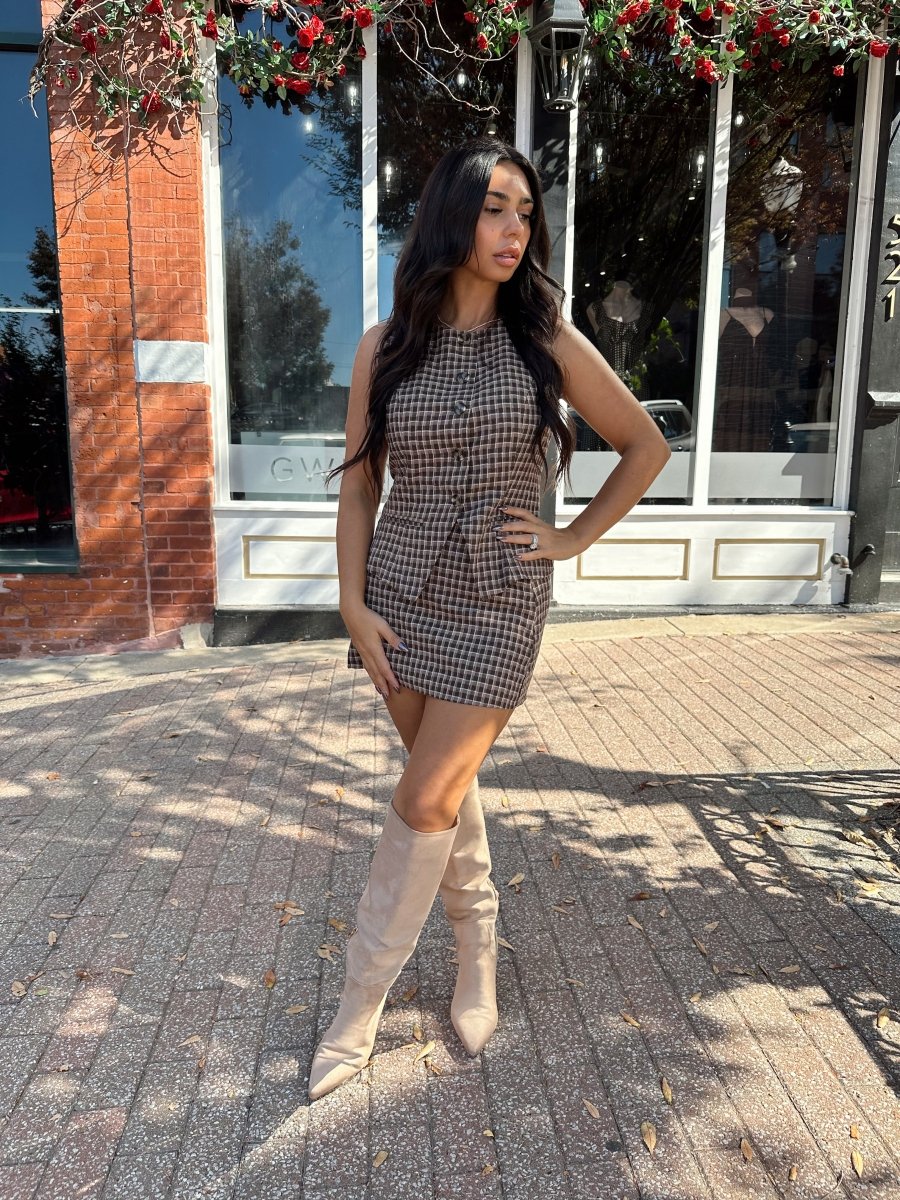 Marion Brown Plaid Two - Piece Vest and Skirt Set - Gwenna The Label