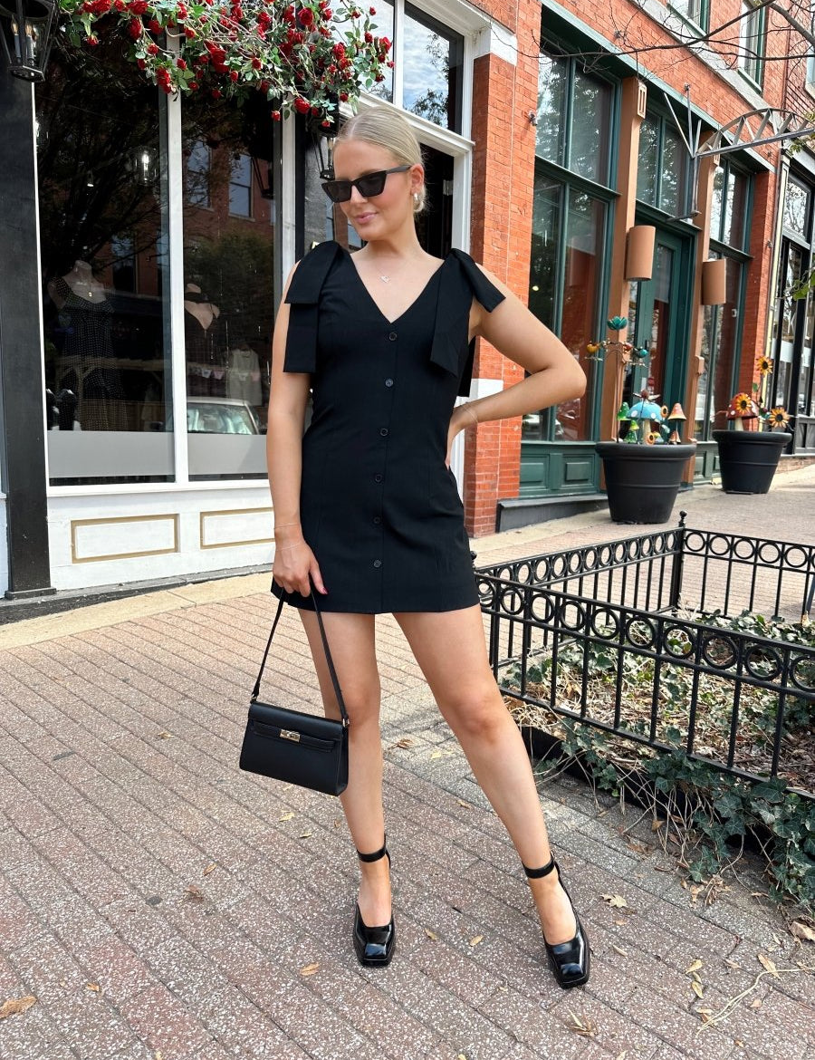 Milan Black Button Down Ribbon Detail Mini Dress - Gwenna The Label