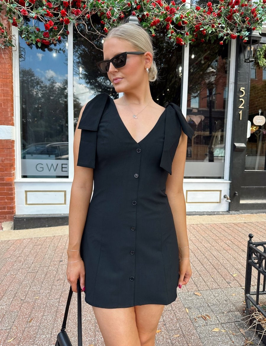 Milan Black Button Down Ribbon Detail Mini Dress - Gwenna The Label