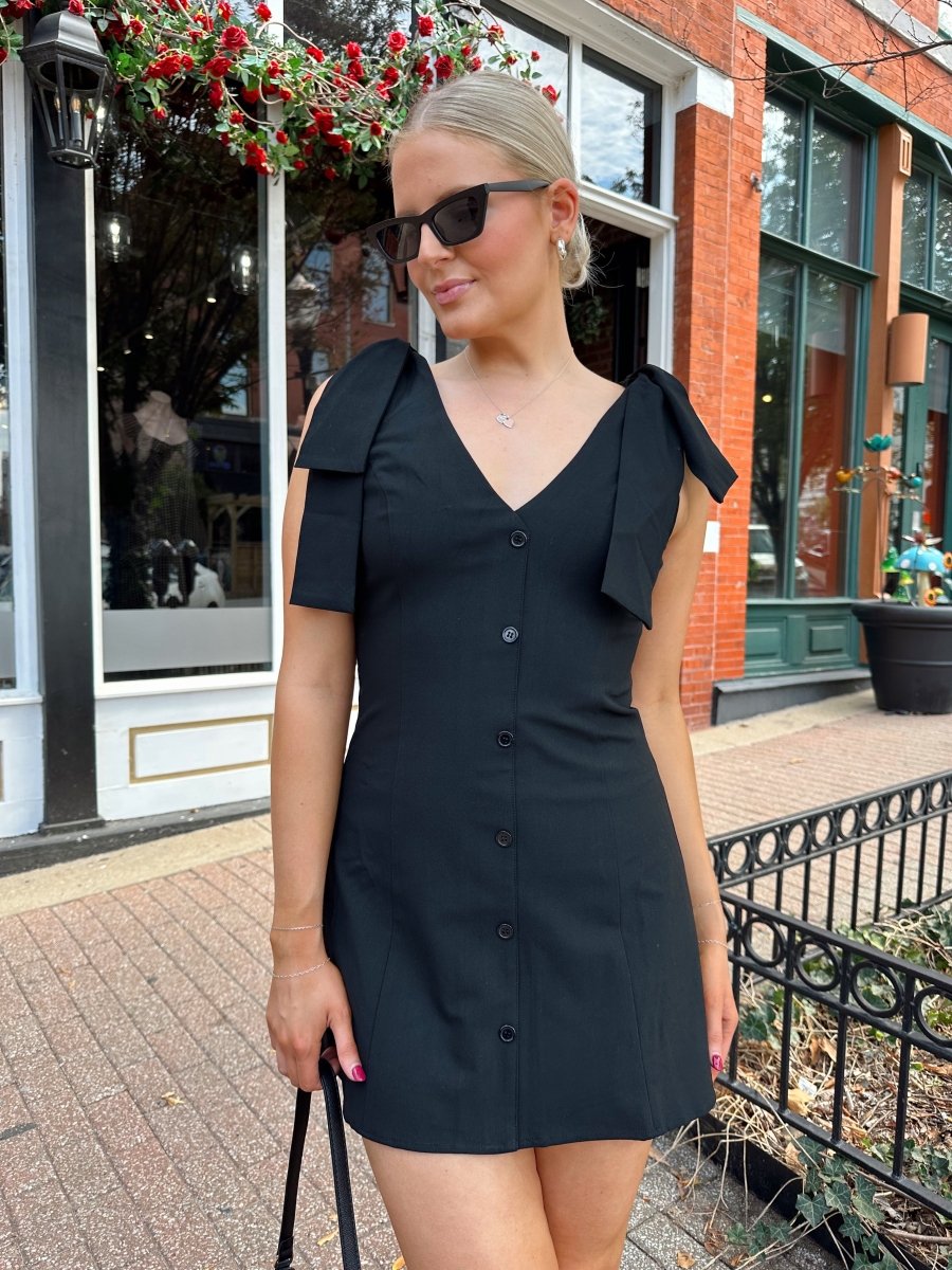 Milan Black Button Down Ribbon Detail Mini Dress - Gwenna The Label
