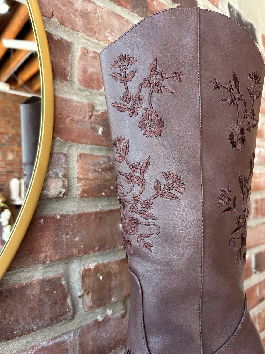 Miley Dark Brown Embroidered Western Boot - Gwenna The Label