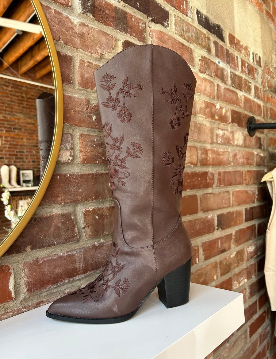 Miley Dark Brown Embroidered Western Boot - Gwenna The Label