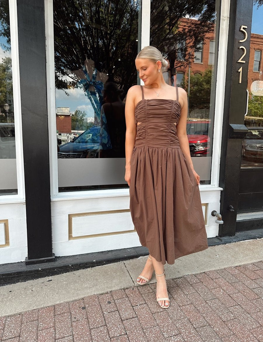 Mira Mocha Ruched Tie Back Midi Dress - Gwenna The Label