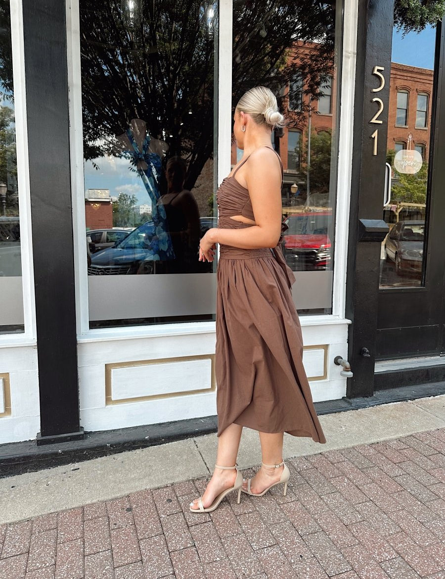 Mira Mocha Ruched Tie Back Midi Dress - Gwenna The Label