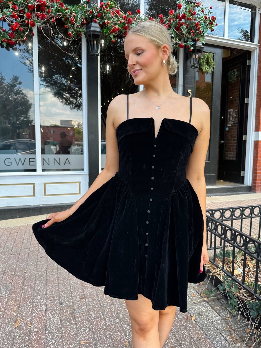 Mollie Black Velvet Fit to Flare Mini Dress - Gwenna The Label