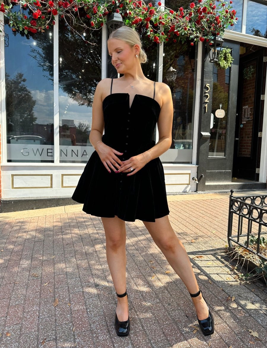 Mollie Black Velvet Fit to Flare Mini Dress - Gwenna The Label