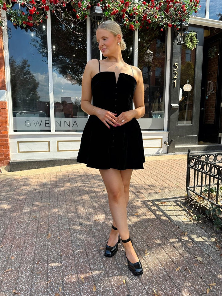 Mollie Black Velvet Fit to Flare Mini Dress - Gwenna The Label