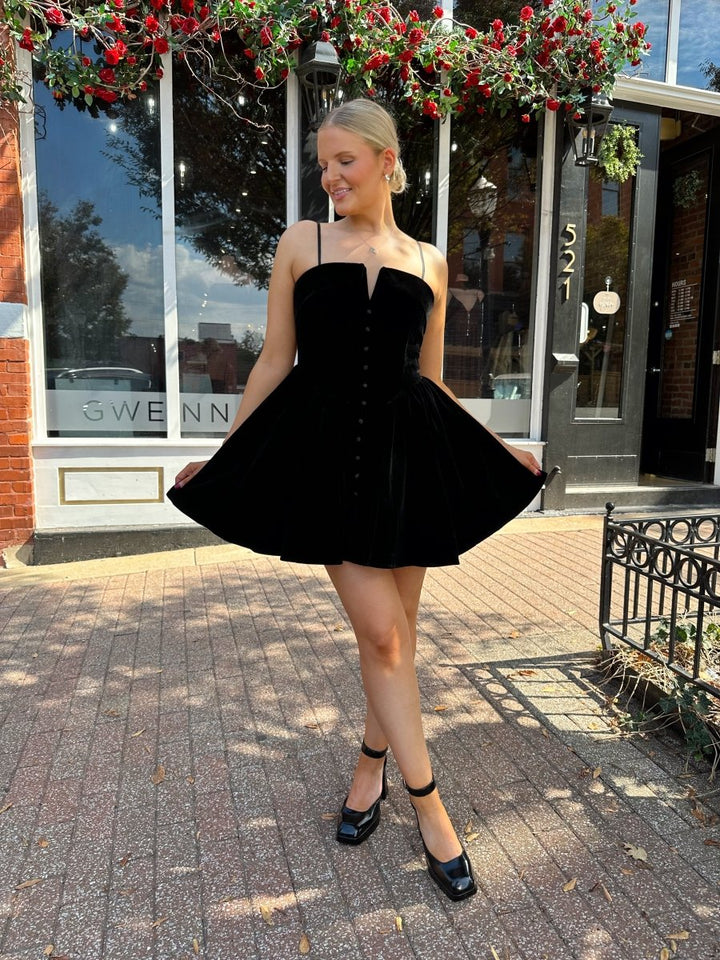 Mollie Black Velvet Fit to Flare Mini Dress - Gwenna The Label