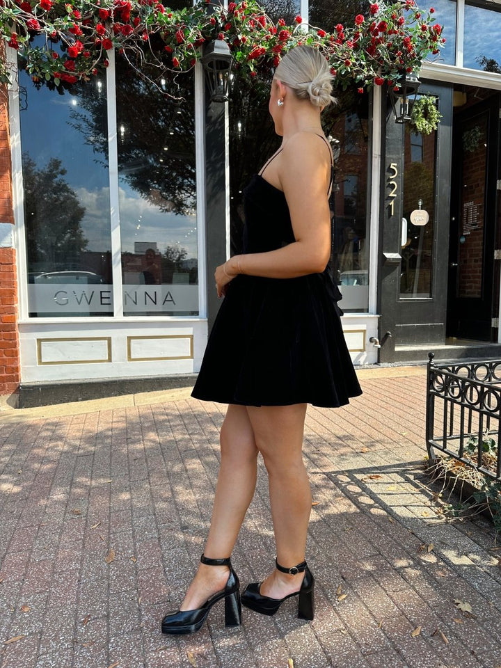 Mollie Black Velvet Fit to Flare Mini Dress - Gwenna The Label