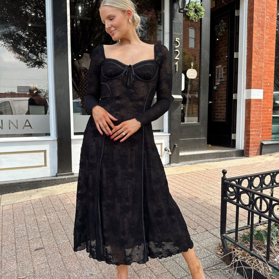 Morticia Black Lace Long Sleeve Dress - Gwenna The Label