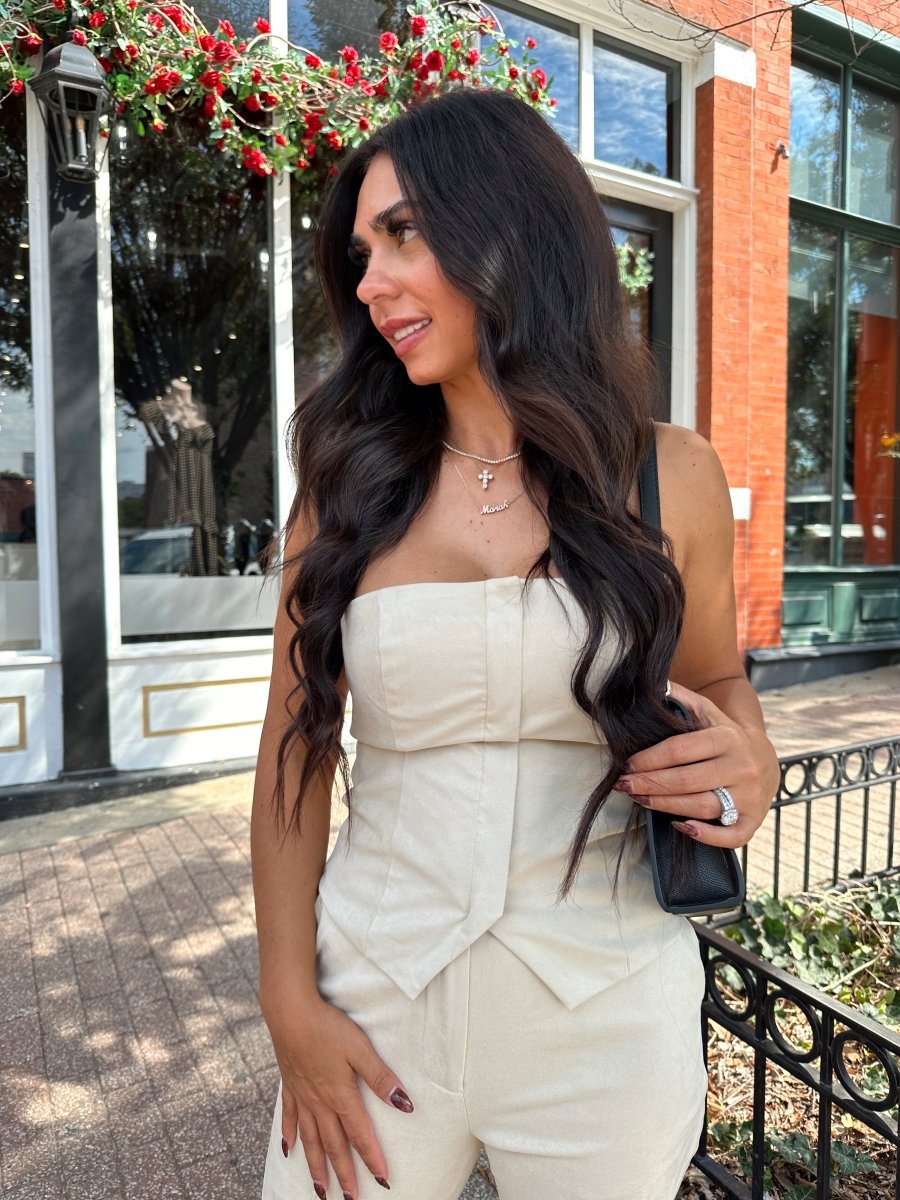 Neve Beige Suede Tube Top and Pants Set - Gwenna The Label