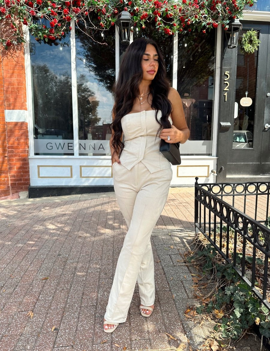 Neve Beige Suede Tube Top and Pants Set - Gwenna The Label