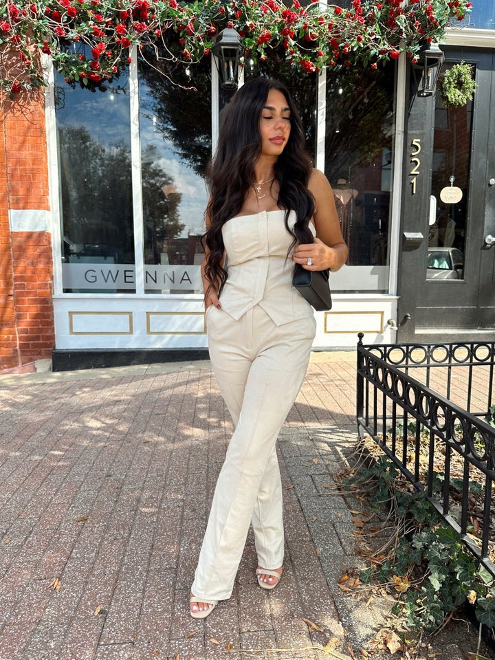Neve Beige Suede Tube Top and Pants Set - Gwenna The Label