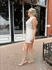 Nicolette Beige Fringe Sweater Mini Dress - Gwenna The Label