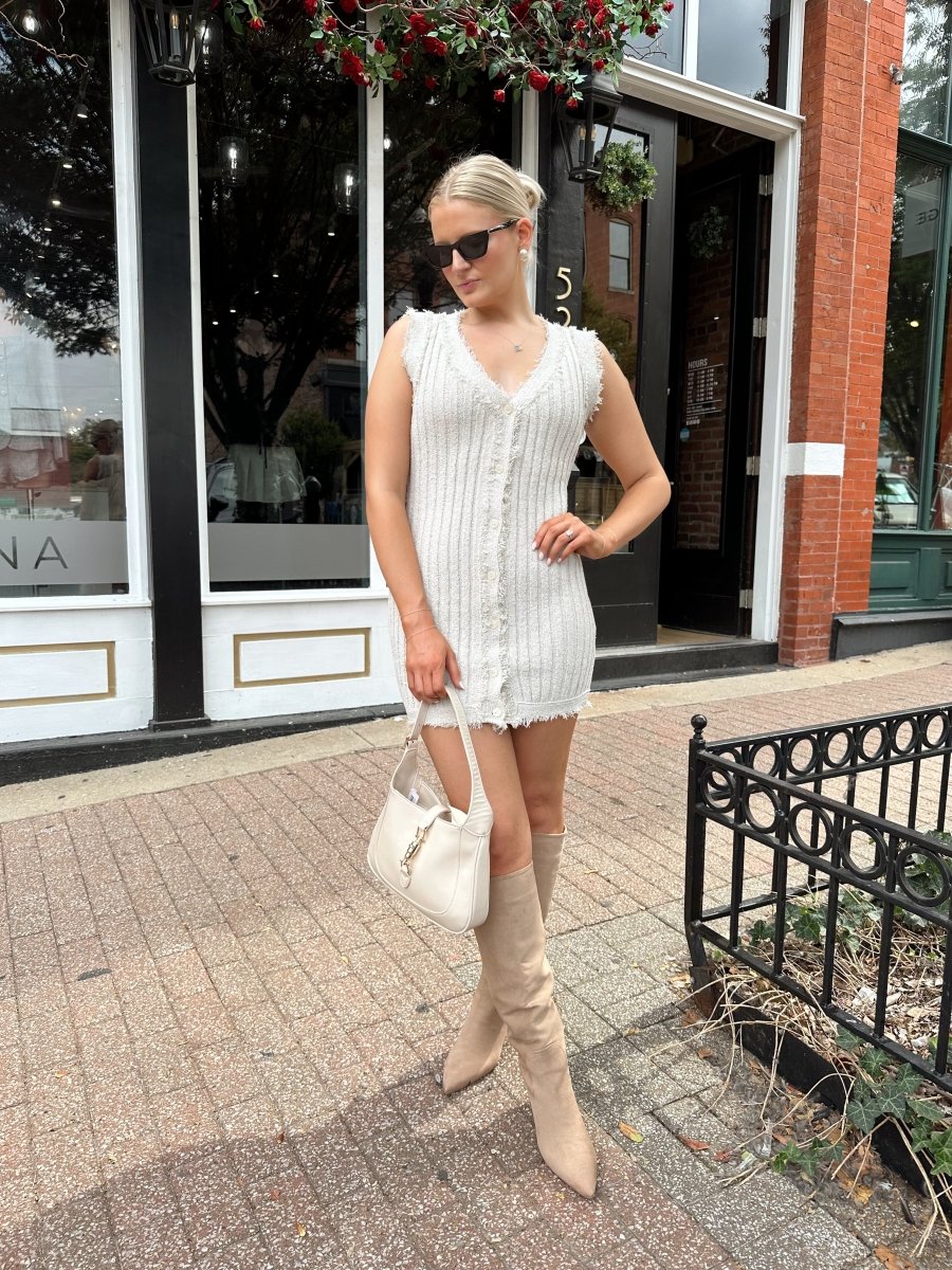 Nicolette Beige Fringe Sweater Mini Dress - Gwenna The Label