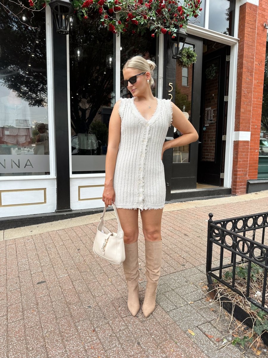 Nicolette Beige Fringe Sweater Mini Dress - Gwenna The Label