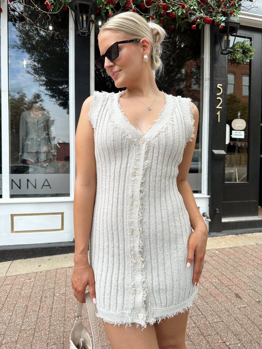 Nicolette Beige Fringe Sweater Mini Dress - Gwenna The Label