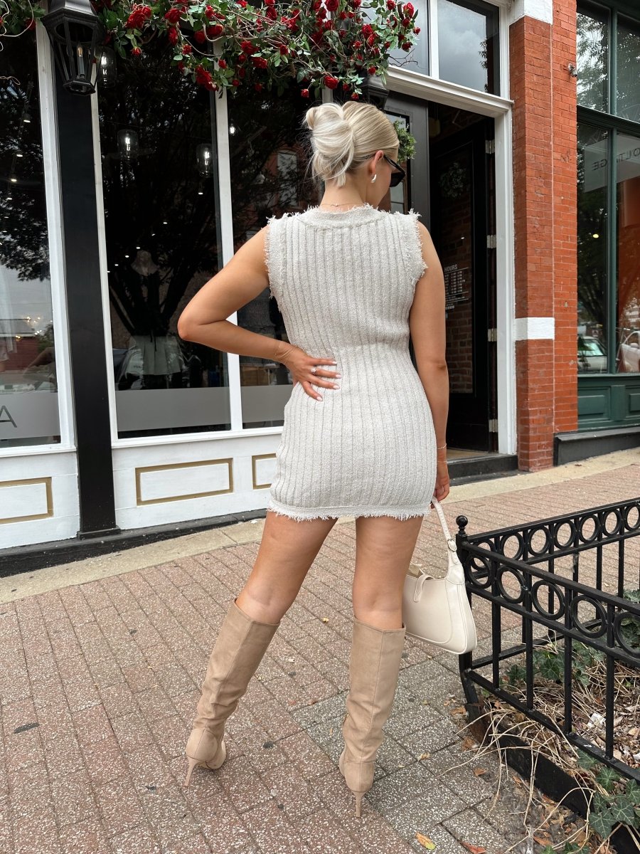 Nicolette Beige Fringe Sweater Mini Dress - Gwenna The Label