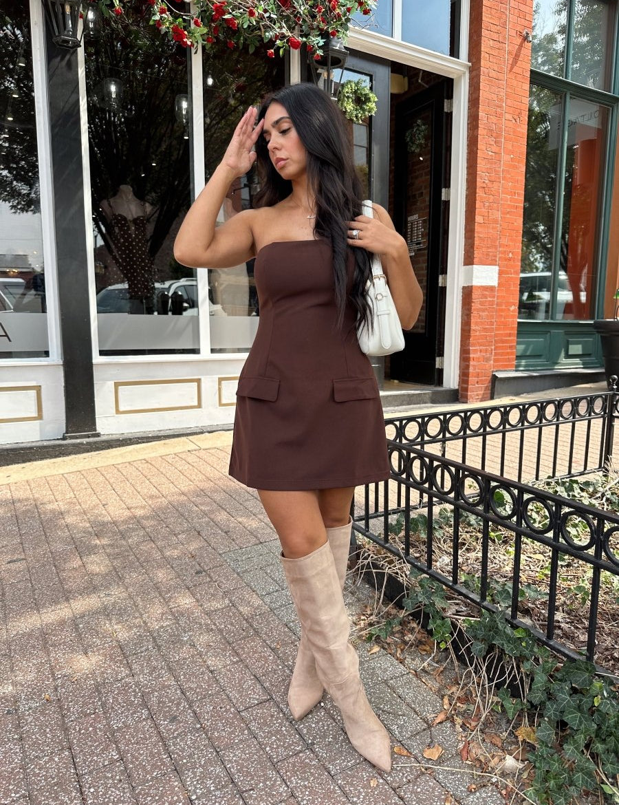 Nola Dark Brown Strapless Mini Dress - Gwenna The Label
