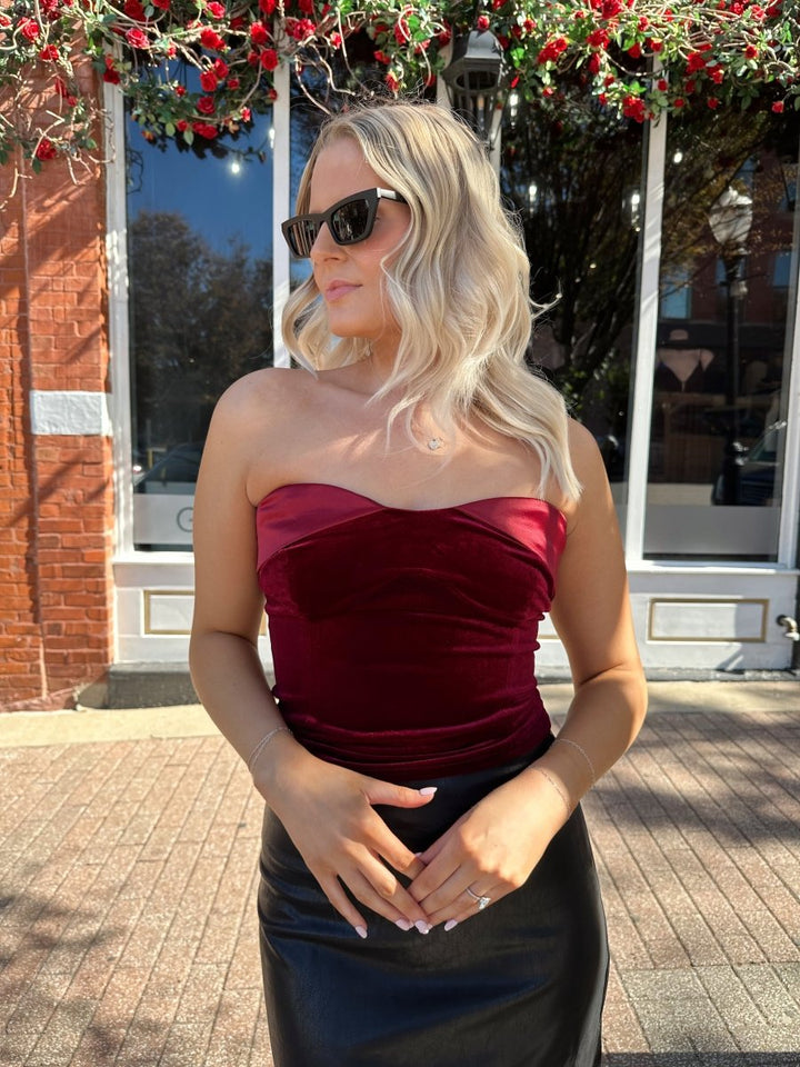 Nyx Burgundy Velvet Strapless Top - Gwenna The Label