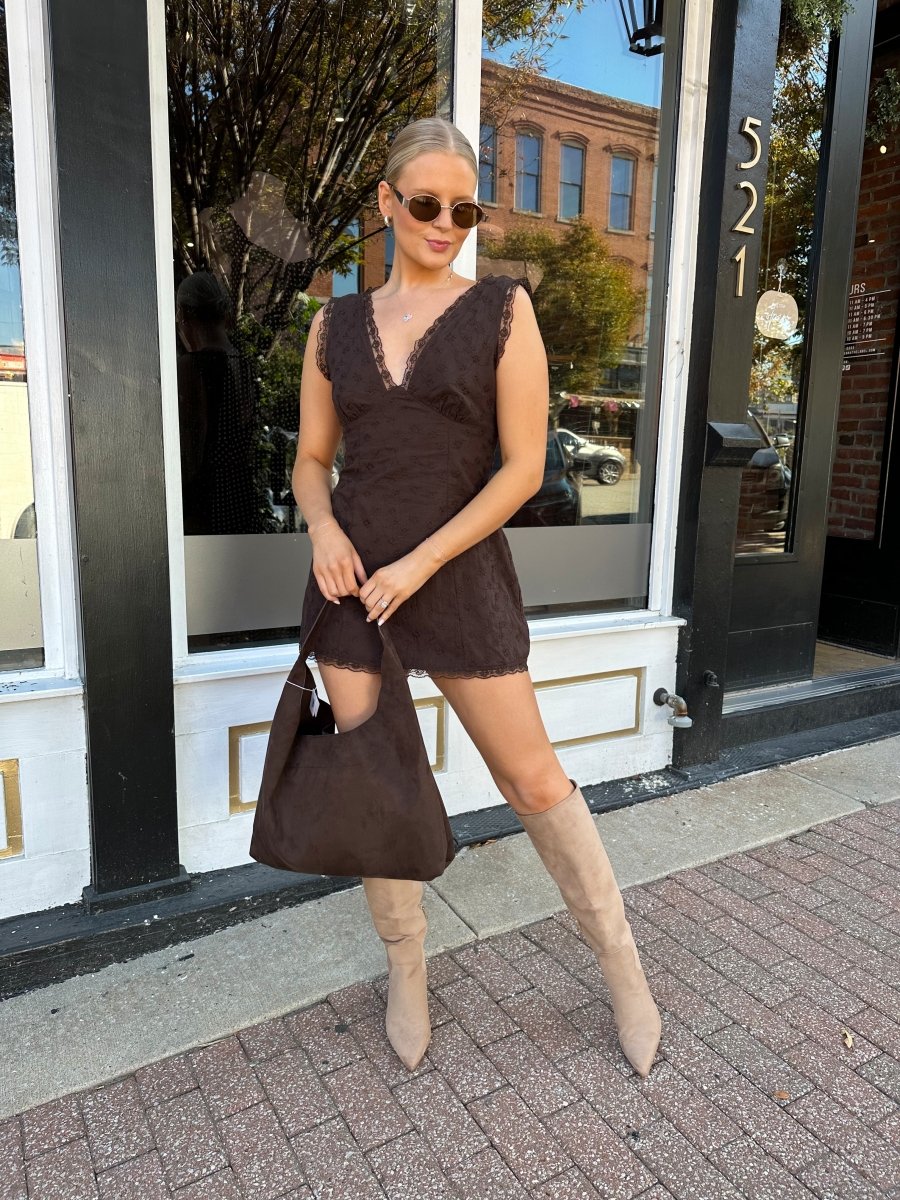 Pacey Chocolate Suede Shoulder Bag - Gwenna The Label