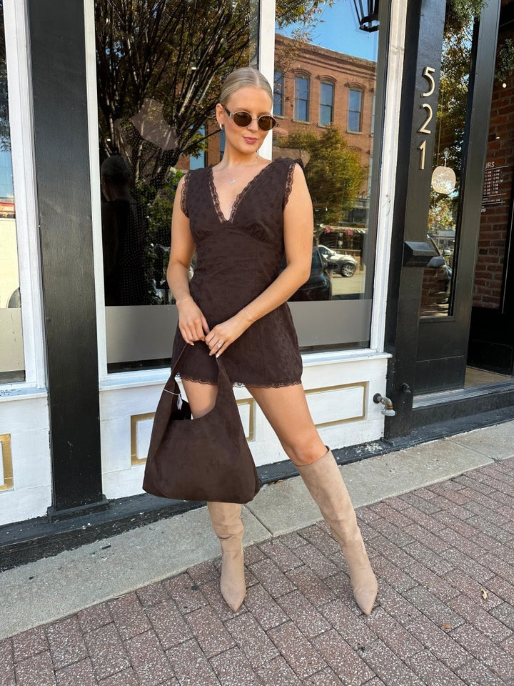 Pacey Chocolate Suede Shoulder Bag - Gwenna The Label