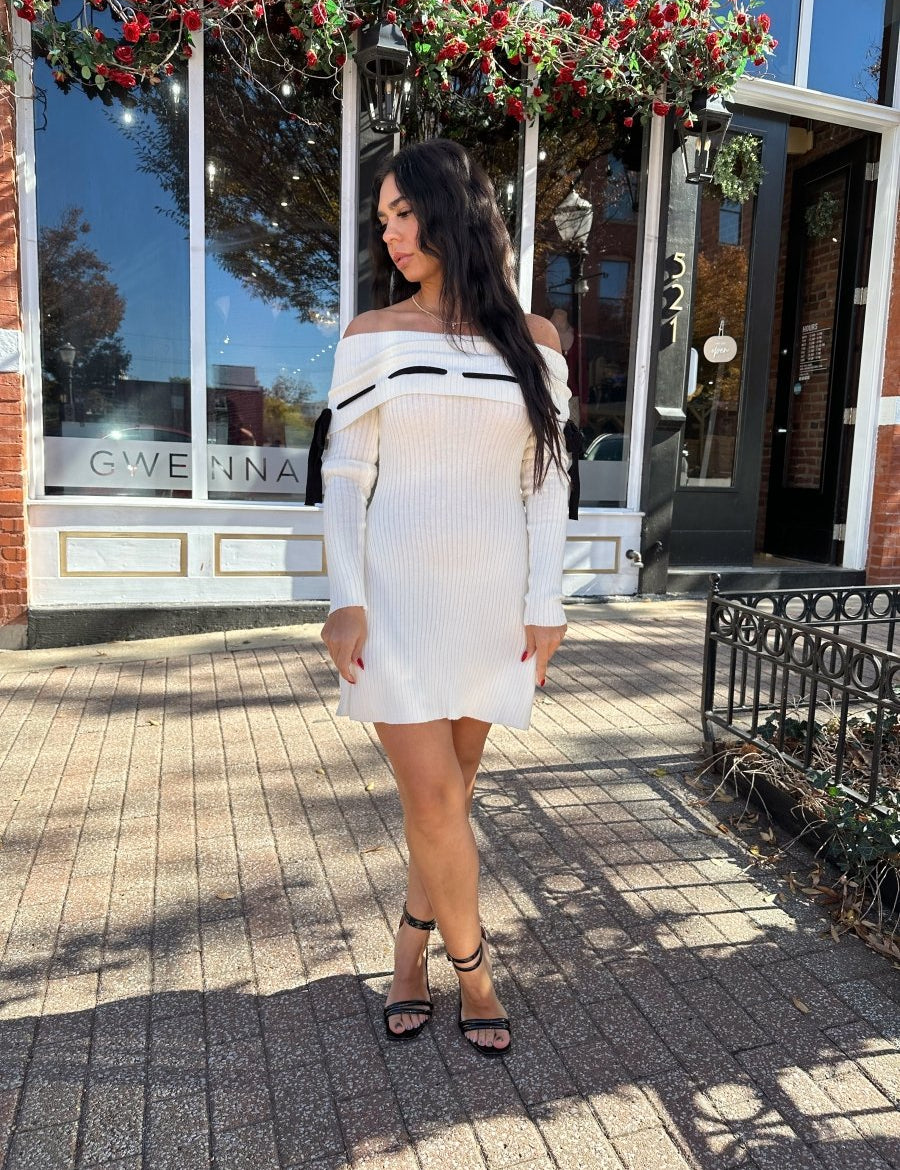 Ralphie Off the Shoulder Cream Knit Sweater Mini Dress - Gwenna The Label