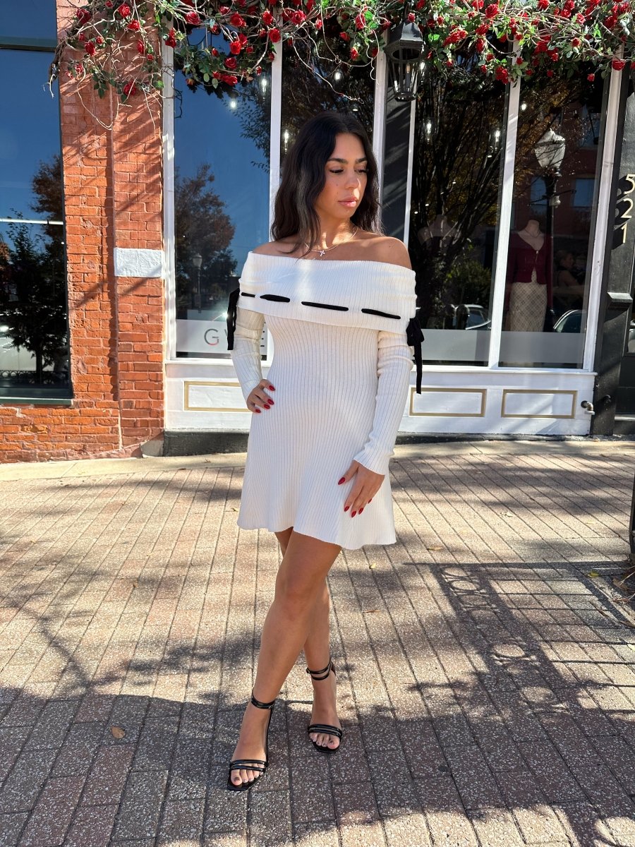 Ralphie Off the Shoulder Cream Knit Sweater Mini Dress - Gwenna The Label