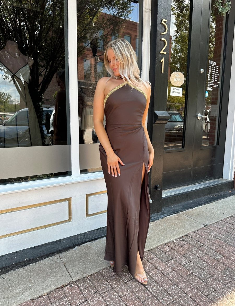 Ray Brown Halter Gold Trim Maxi Dress - Gwenna The Label