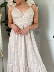 Reign Champagne Floral Ruffled Midi Dress - Gwenna The Label