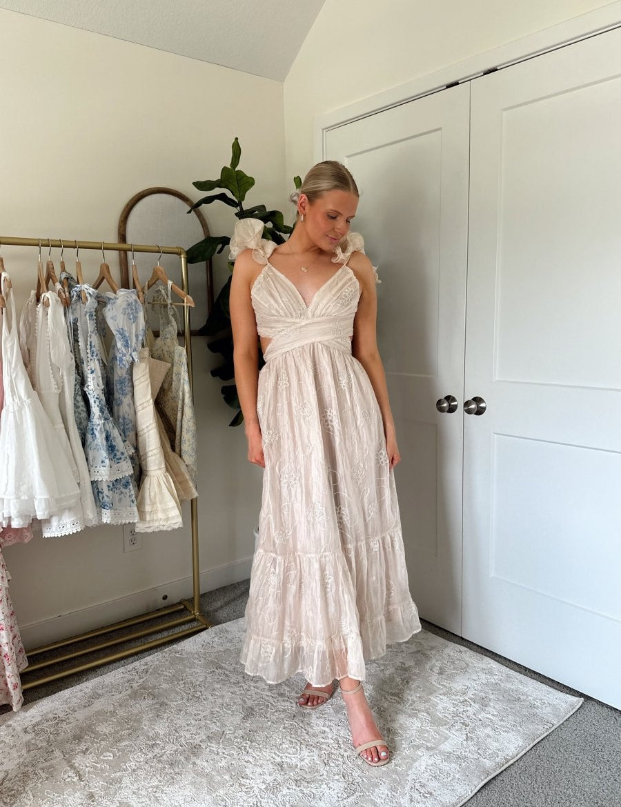 Reign Champagne Floral Ruffled Midi Dress - Gwenna The Label