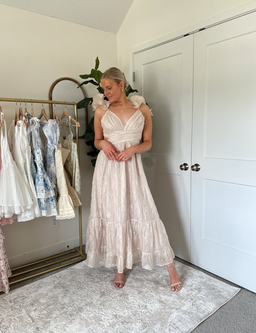 Reign Champagne Floral Ruffled Midi Dress - Gwenna The Label