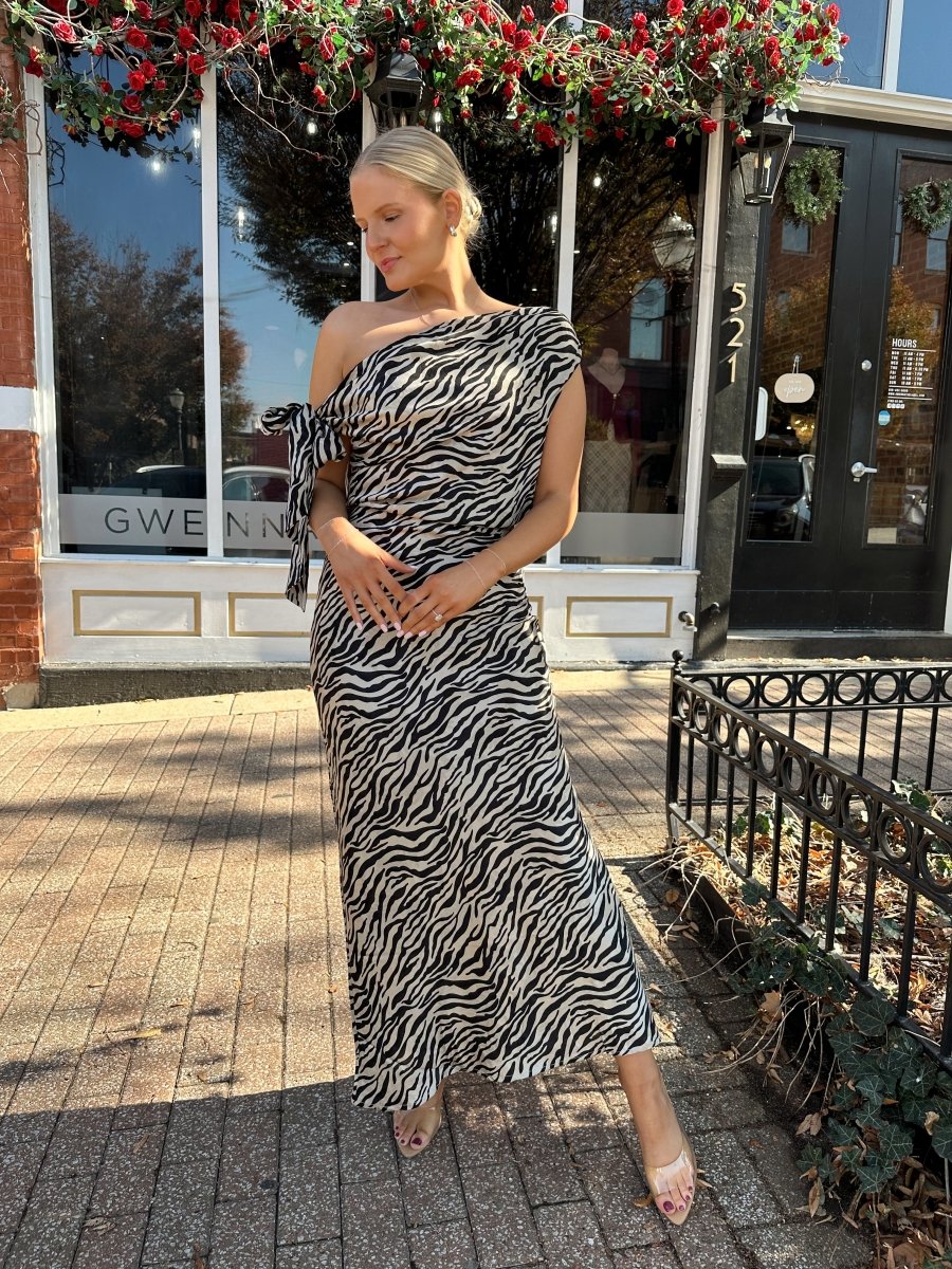 Remmie Black and White Zebra Print Asymmetrical Satin Maxi Dress - Gwenna The Label