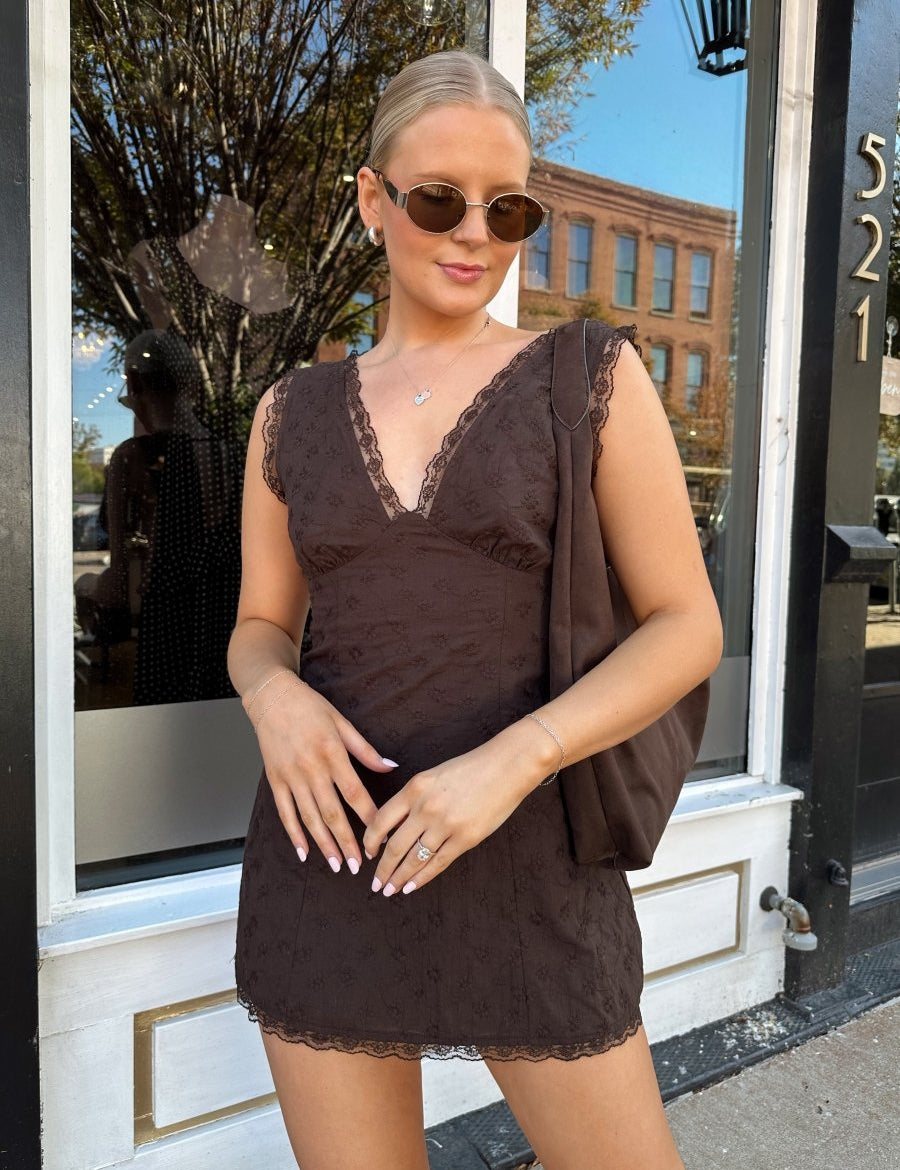Rhea Brown Eyelet Lace Mini Dress - Gwenna The Label