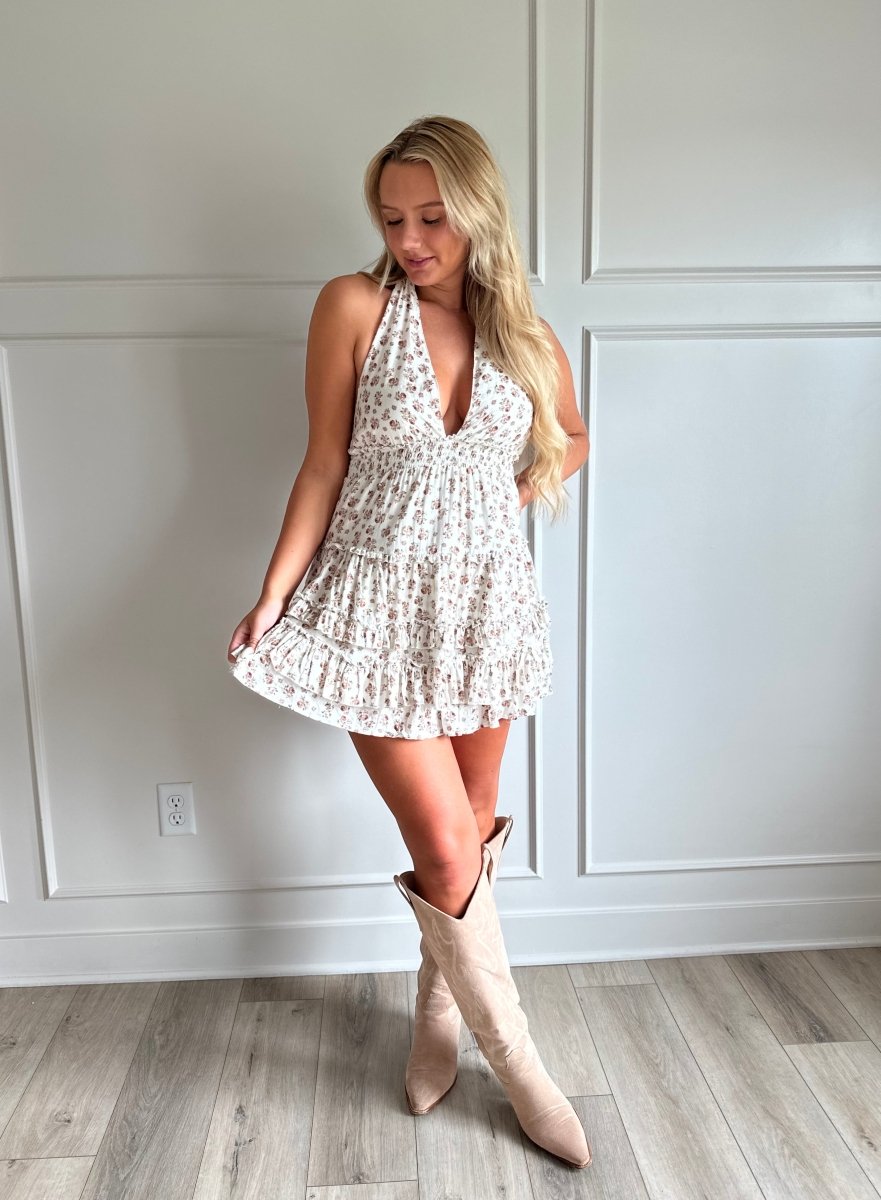 Rhett Cream & Brown Floral Halter Ruffle Mini Dress - Gwenna The Label
