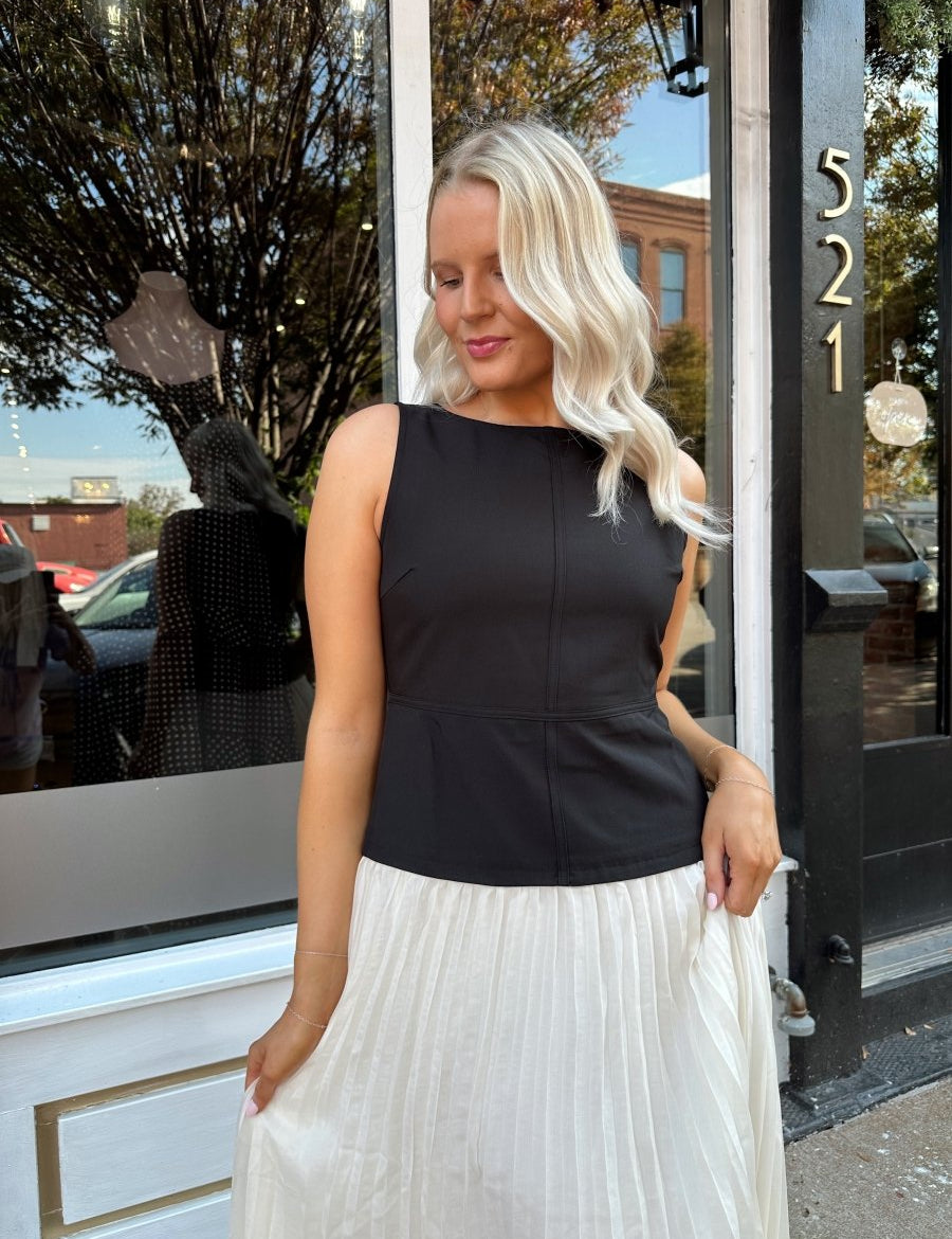 Rissa Black and Cream Contrast Pleated Midi Dress - Gwenna The Label