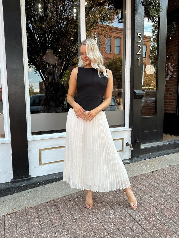 Rissa Black and Cream Contrast Pleated Midi Dress - Gwenna The Label