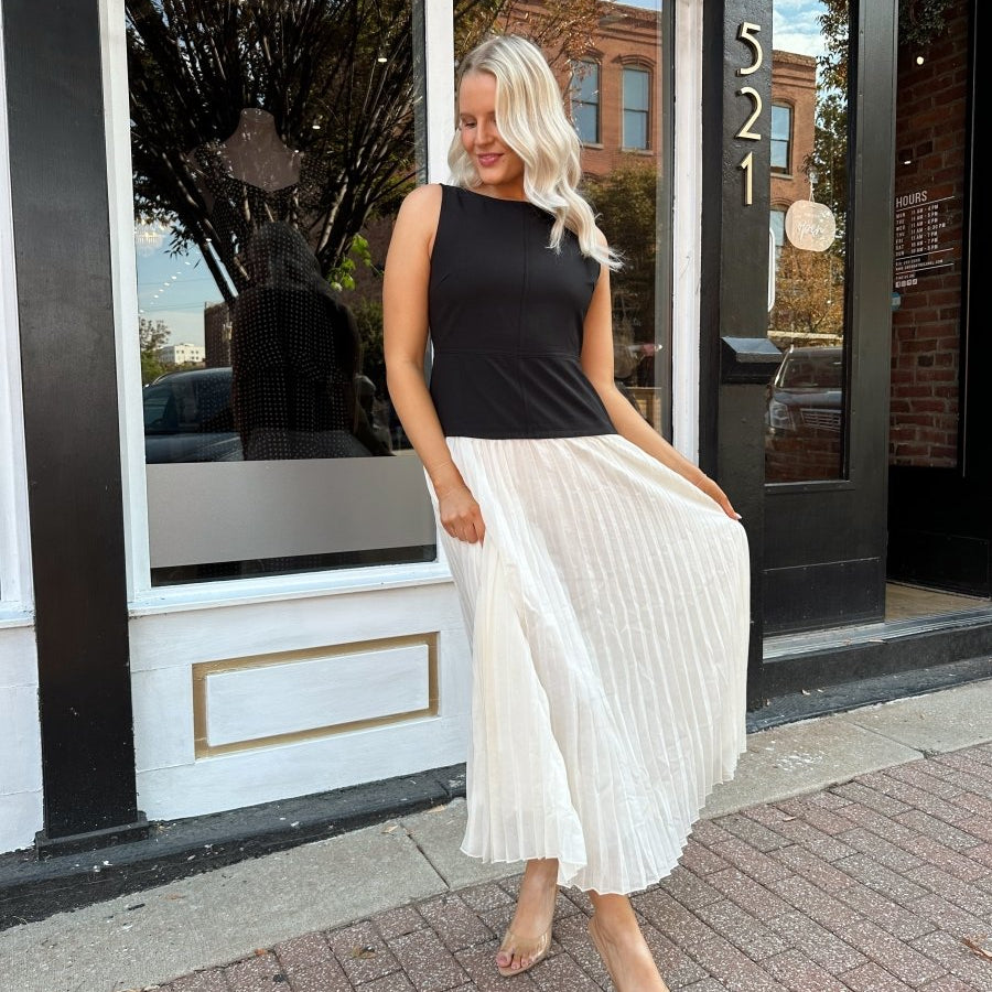 Rissa Black and Cream Contrast Pleated Midi Dress - Gwenna The Label